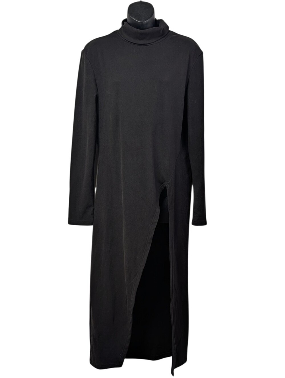 FHQ Collection Women Black Cotton Fleece Turtleneck Maxi Dress Slit Size XL NWT